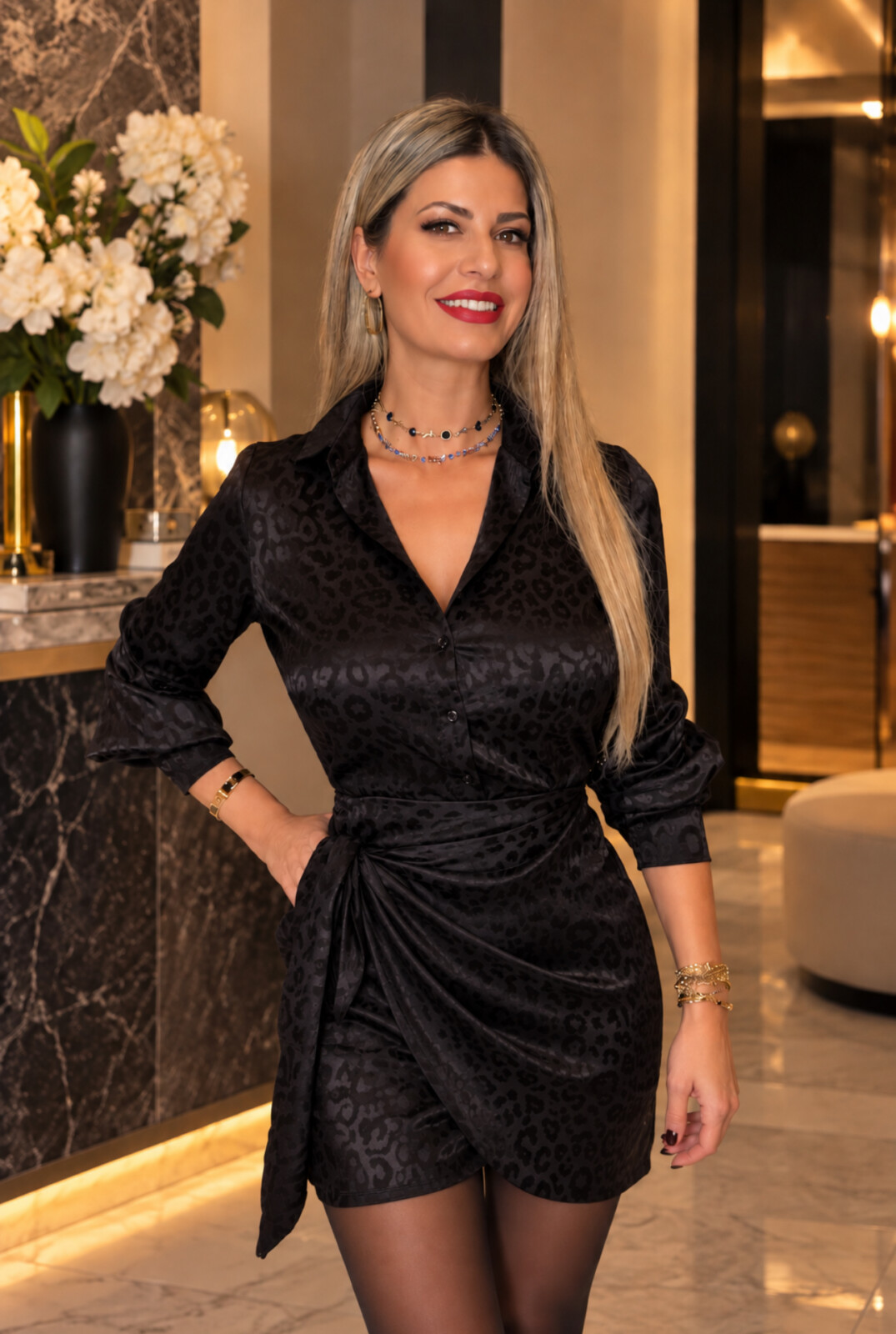 Φόρεμα satin leopard μαύρο