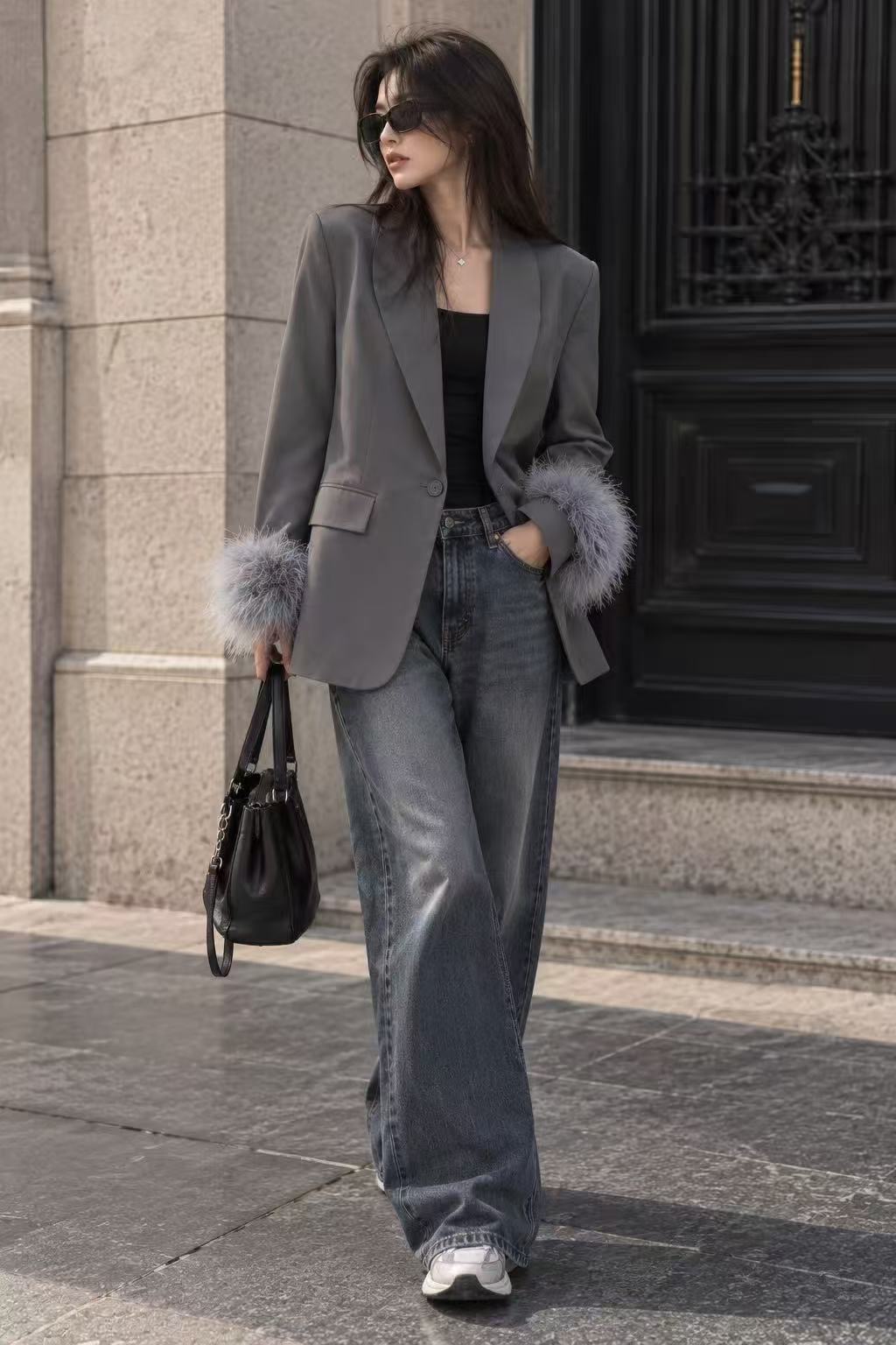 Σακάκι oversized με φτερα γκρι